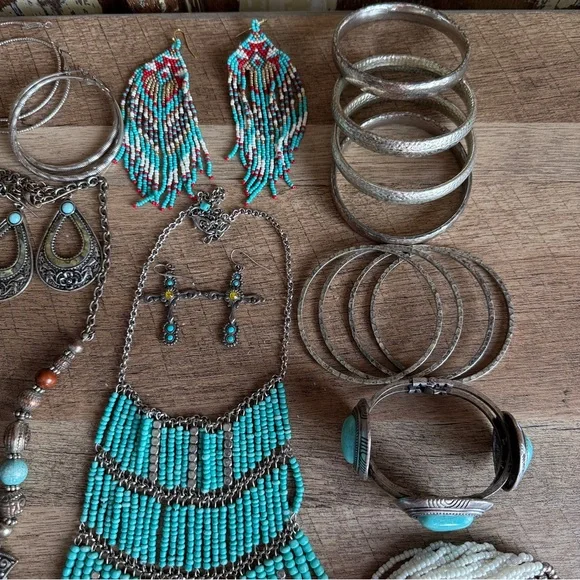 28 Piece Western Statement Jewelry Bundle - Squash Blossom Bracelets Earrings - Picture 7 of 13